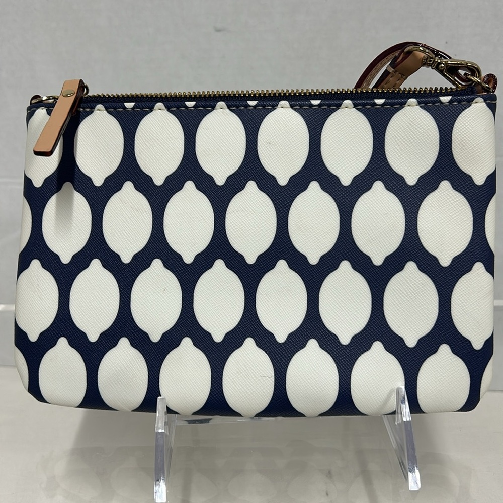 Kate Spade Navy White Lemon Print Zippered Top Wristlet Purse - Picture 4 of 7